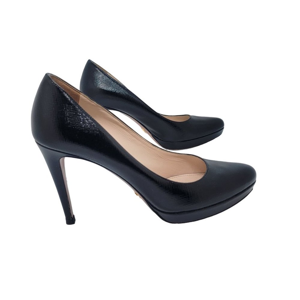 $950 Sz 7 Prada Women Leather Platform Pumps Textured Black US 37 4” Heel